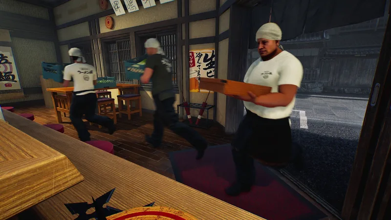 Several game characters carrying trays through the ramen shop.